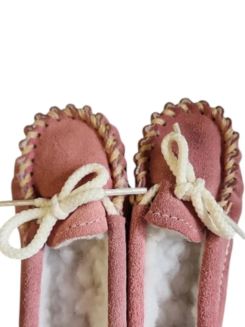 Pink suede baby moccasins, fleece lined, newborn sz 3
